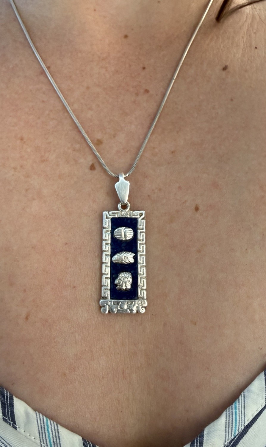 LAPIS Sterling 925 Lapis Lazuli Mayan Pendant Italian 925 Snake Chain Vintage