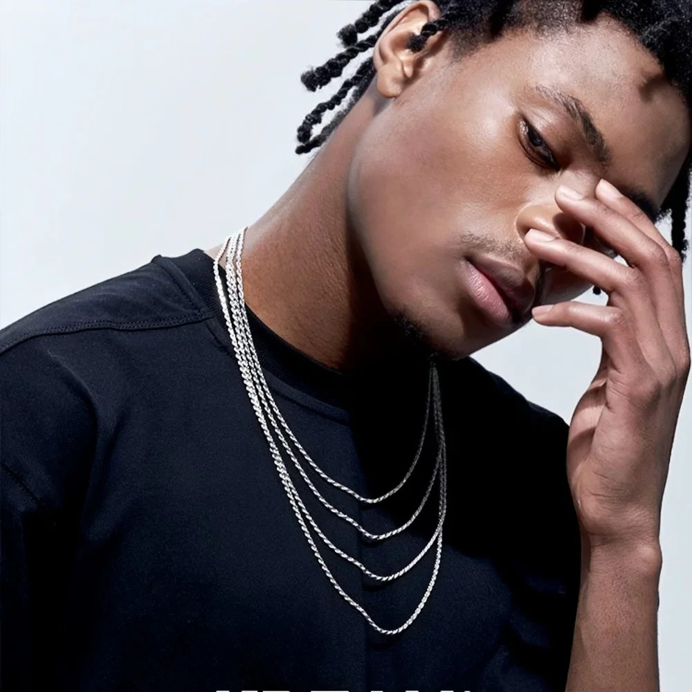2mm Hip Hop Thin Twist Chain Necklace Punk Silver Color Stainless Steel Men Neck