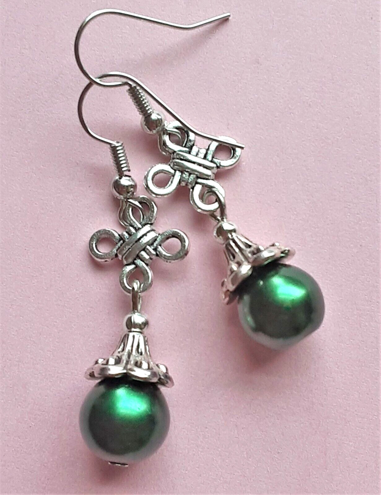 GREEN CELTIC KNOT GLASS PEARL drop earring SP FISH hook WPGH15