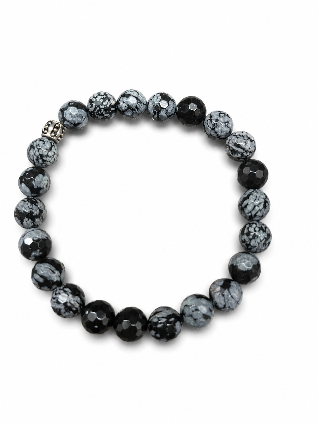 SkyFoxy Snowflake Obsidian 8mm Beaded Stretch Bracelet 7.5 9 in