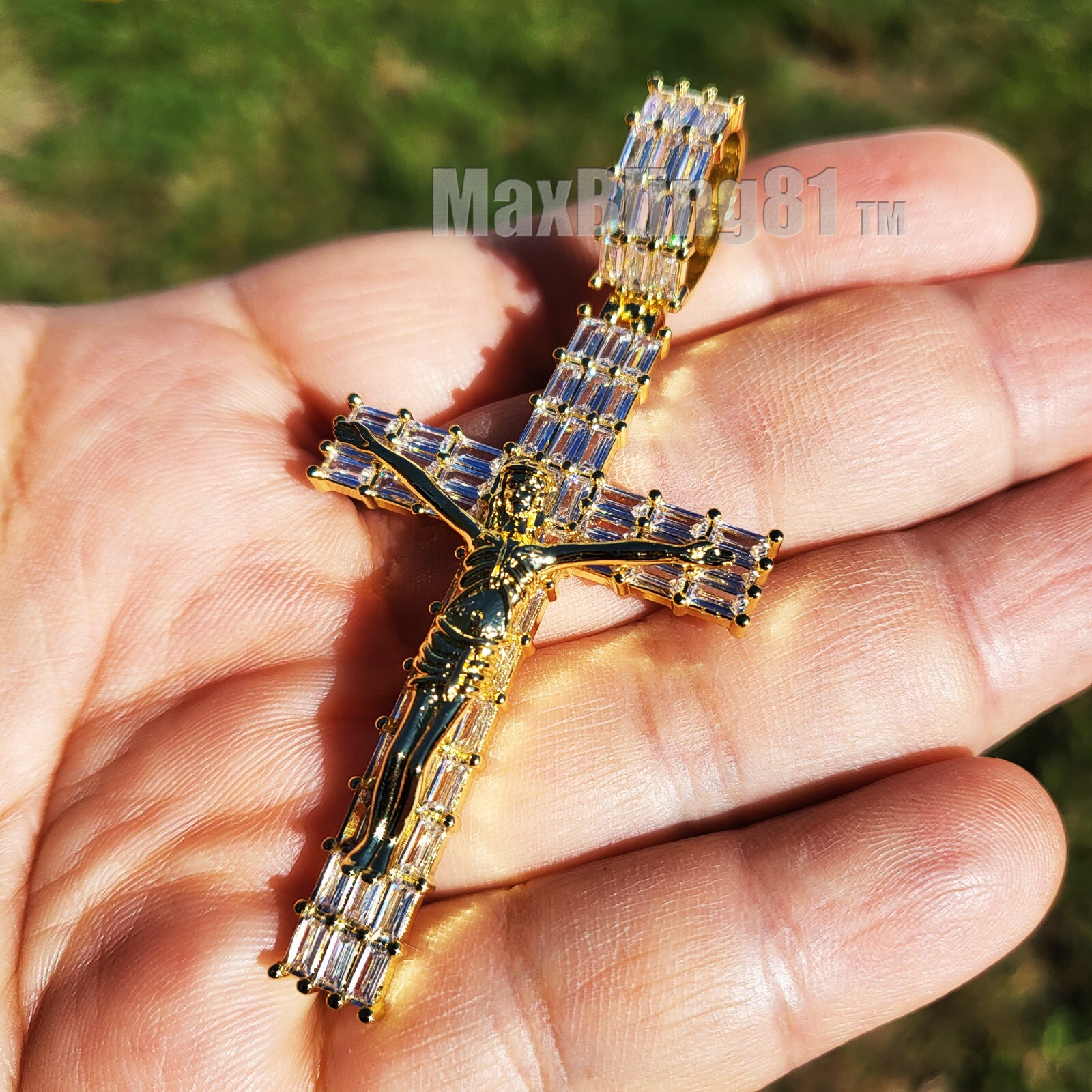 High-End Brass Crucifix Holy Jesus Cross Baguette Cubic Zirconia Charm Pendant