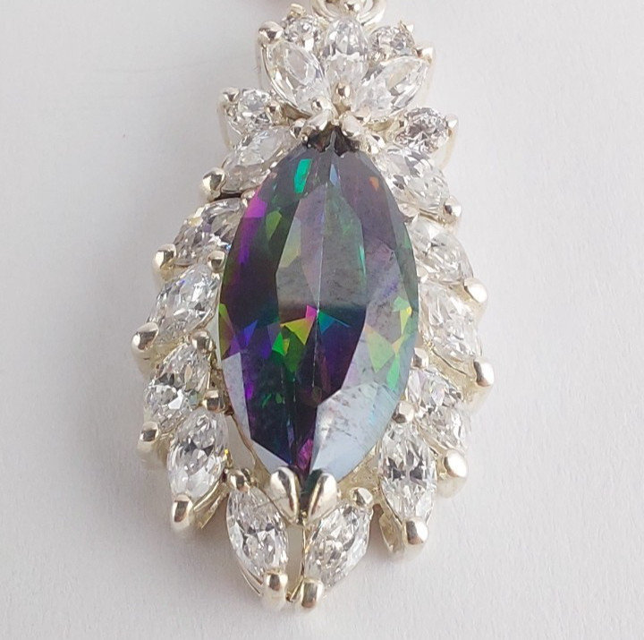 Vintage Signed 3 Ct Marquis Cut Mystic Topaz and White Stone Sterling Necklace