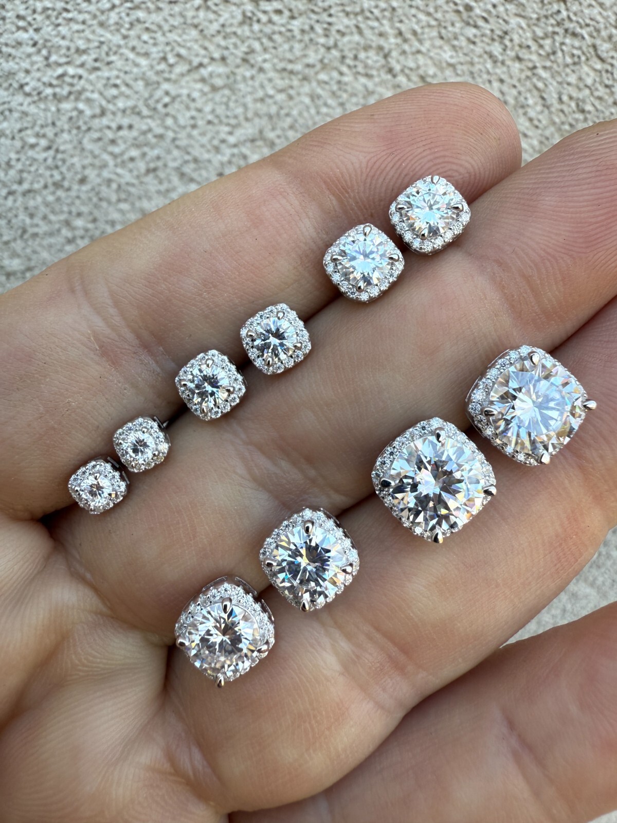 Real Moissanite Square Halo Stud Earrings 925 Silver Hip Hop Mens Ladies Iced