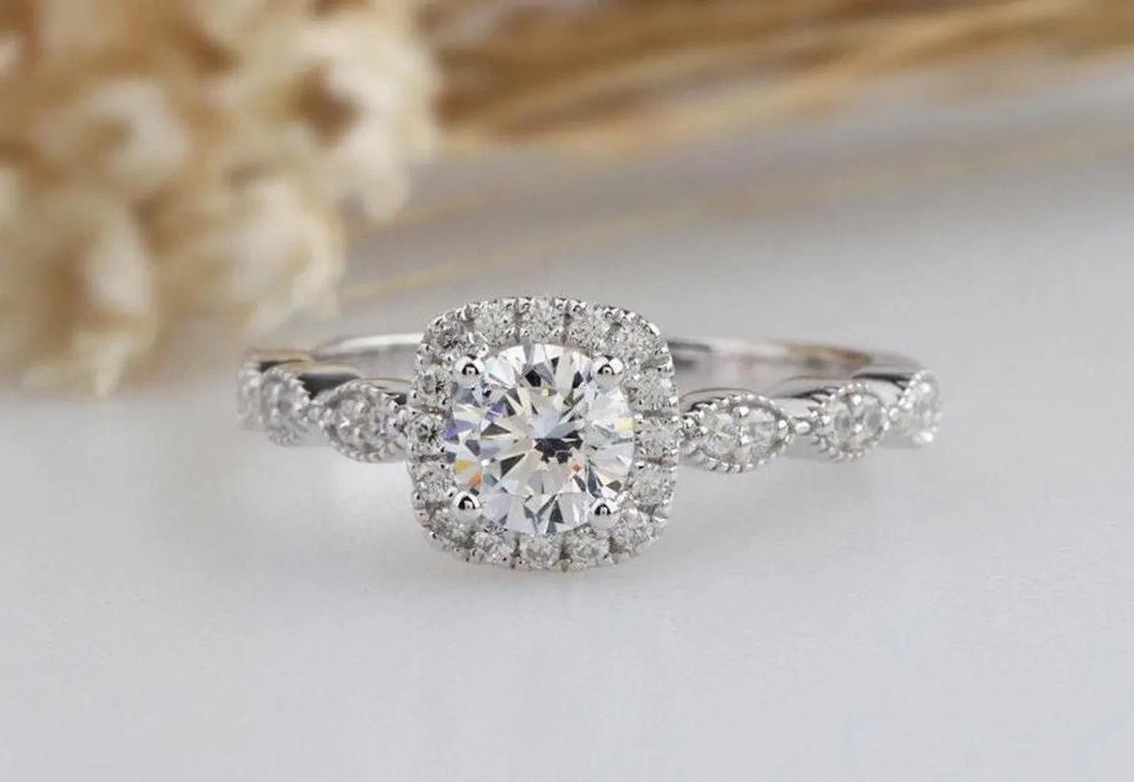 Round Moissanite Engagement Ring In Sterling Silver, Halo Anniversary Ring