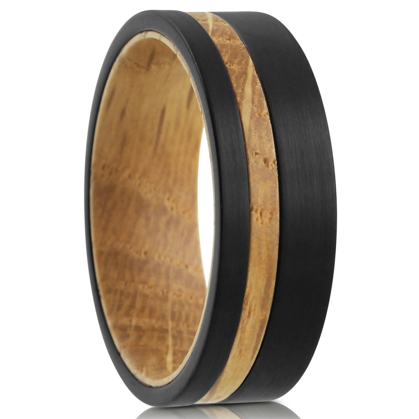 8mm Men’s Black Brushed Tungsten Carbide-Whiskey Barrel Wood Wedding Band Ring