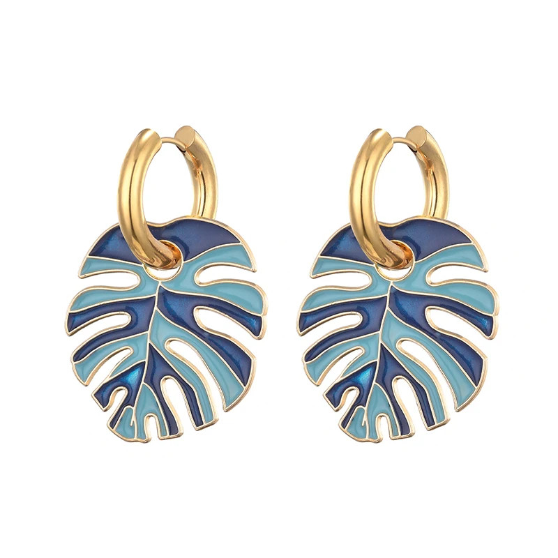 Colorful Big Leaf Pendant Gold Color Stainless Steel Earrings For Women