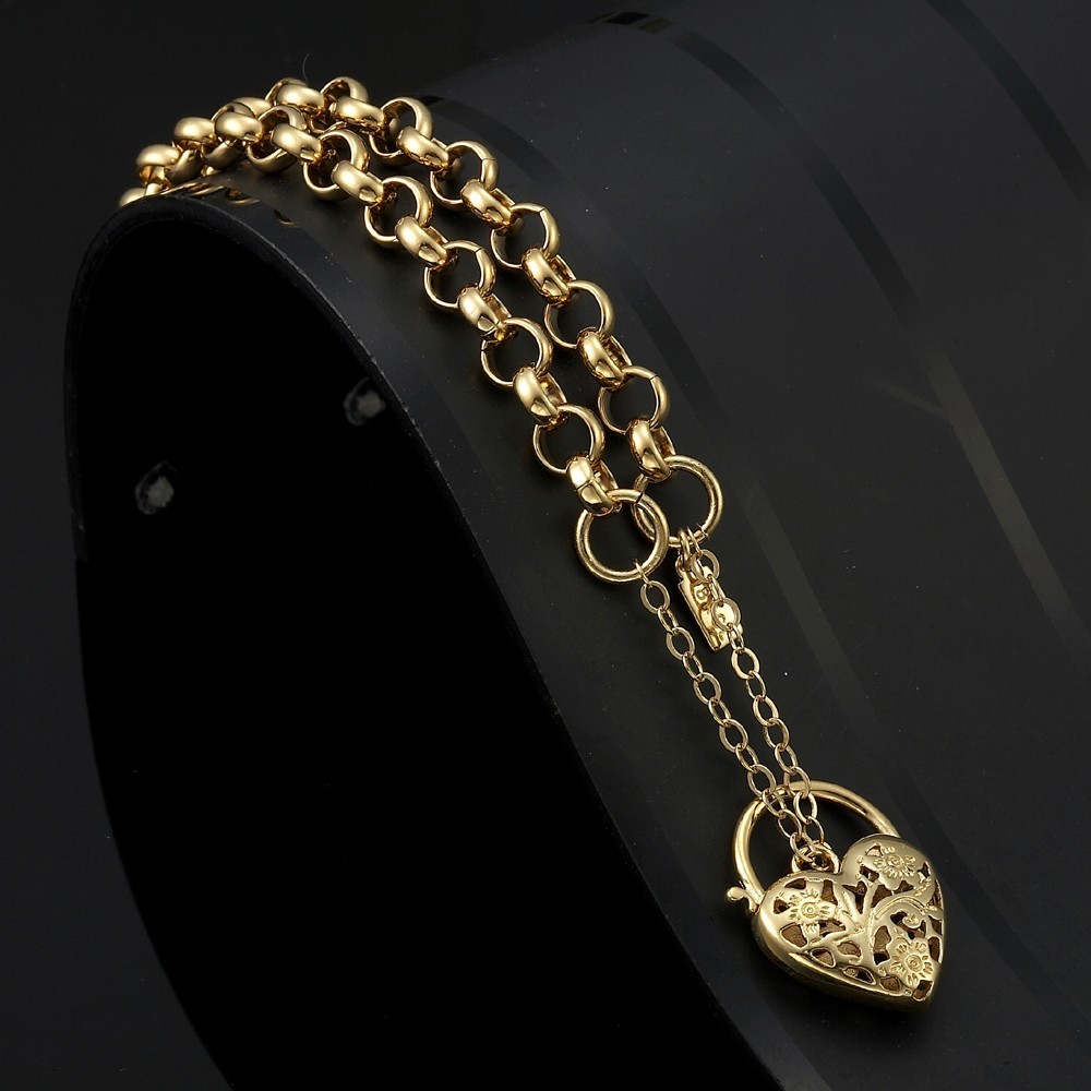 18K GL Solid Belcher Yellow Gold Bracelet & Filigree Heart Padlock