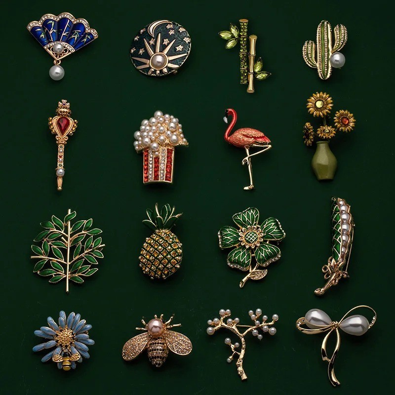 Vintage Brooch Enamel Pin Pearls Vintage Flower Brooch Plant Animal Insect Fruit
