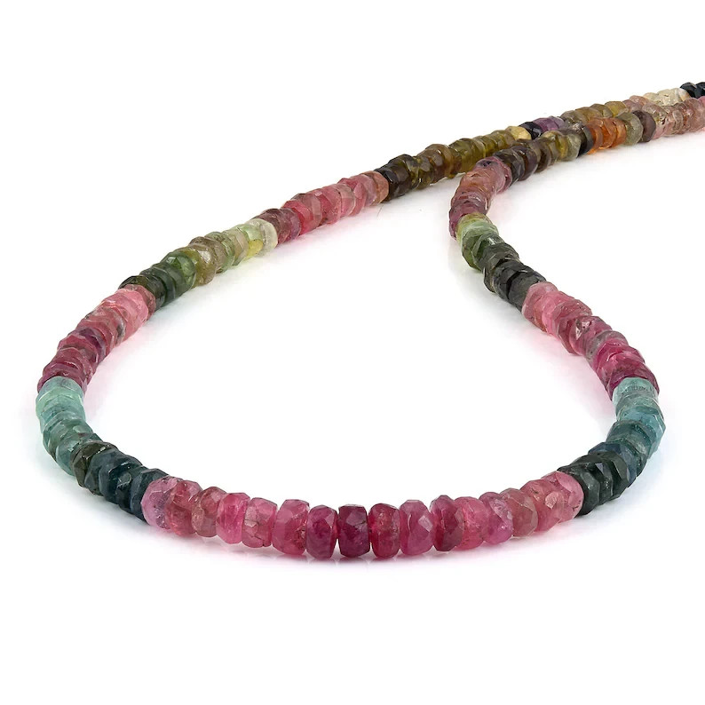 Natural Multicolor Tourmaline Necklace Faceted Rondelle Beads 925 Silver Chain