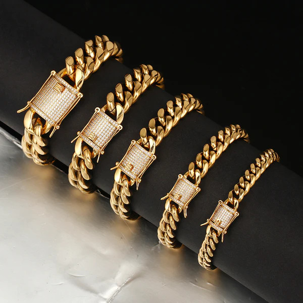 14k Gold Plated Stainless Steel Miami Cuban Link Bracelet Or Chain with CZ Clasp