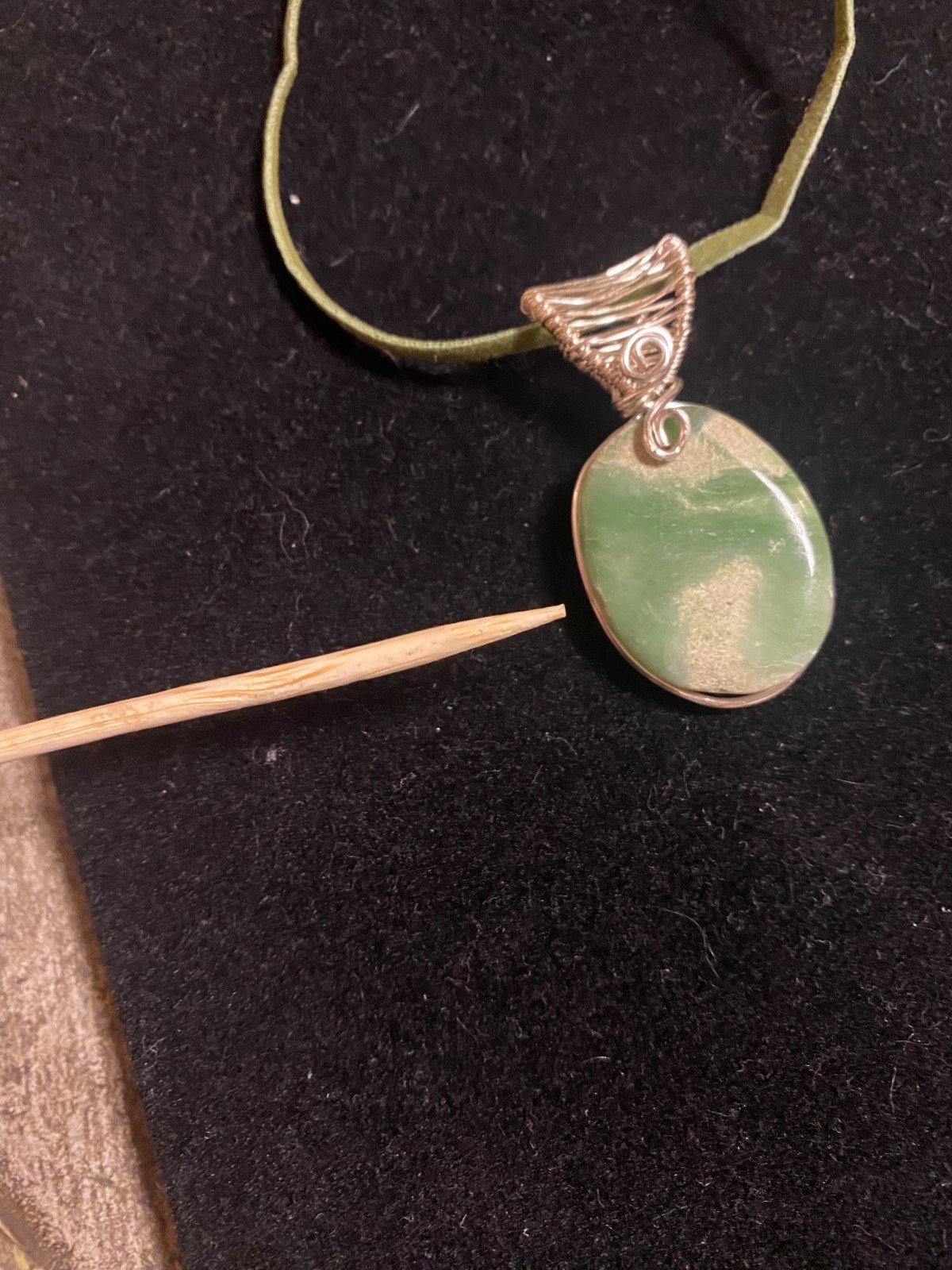 Green & Cream Colored Jade Oval Cabochon Silver Wire Wrap Pendant Suede Band