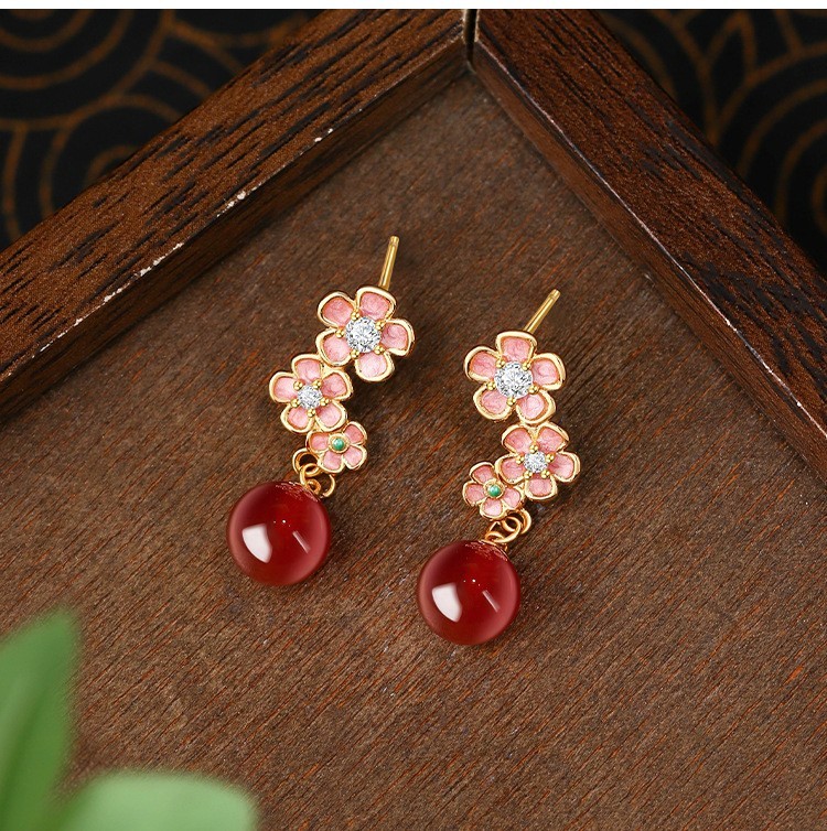 Red Jade Drop Dangle Earrings Gemstone Flowers Shape Stud 18K Gold Plated