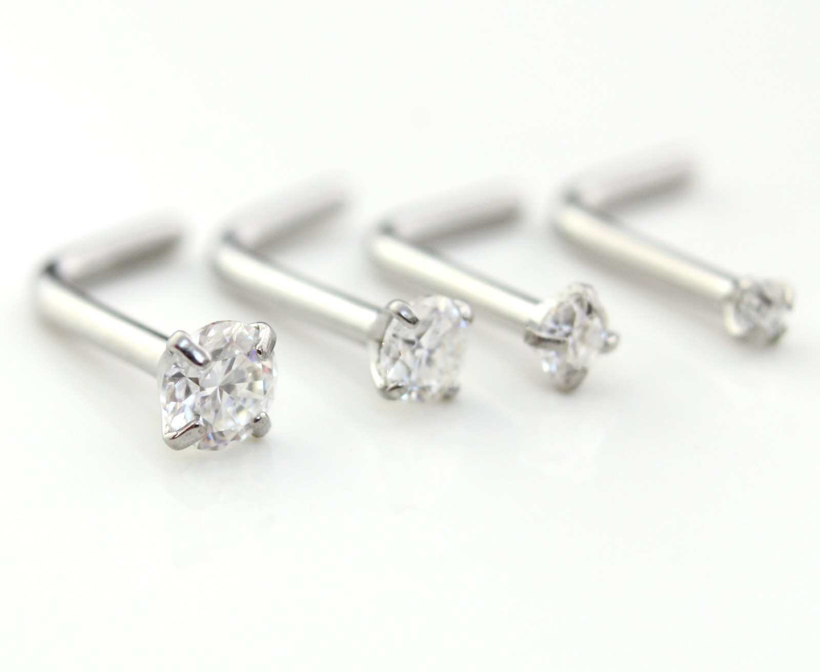 Moissanite L-Shape Nose Ring Silver Stud 18G 20G Surgical Steel Gold PVD