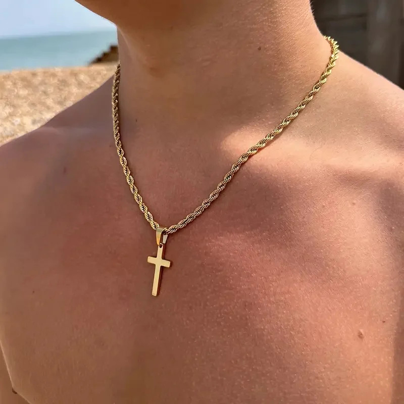Stainless Steel Cross Pendant Necklace Minimalist Gold Color Jewelry Men Women