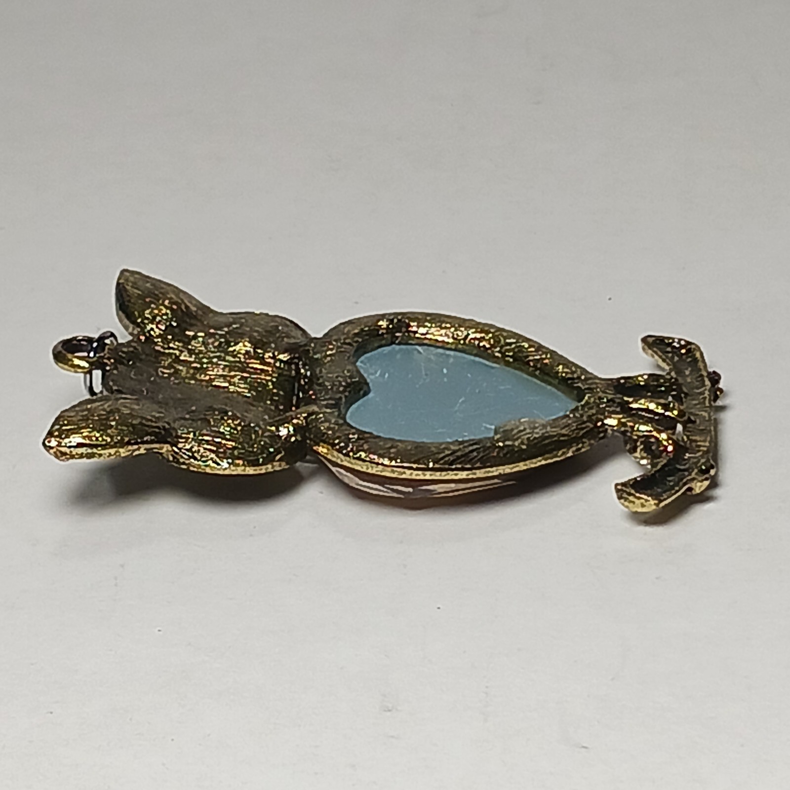 Owl Pendant Large Eyed Heart Shape Foil Back Glass Rhinestone Belly VTG Jewelry