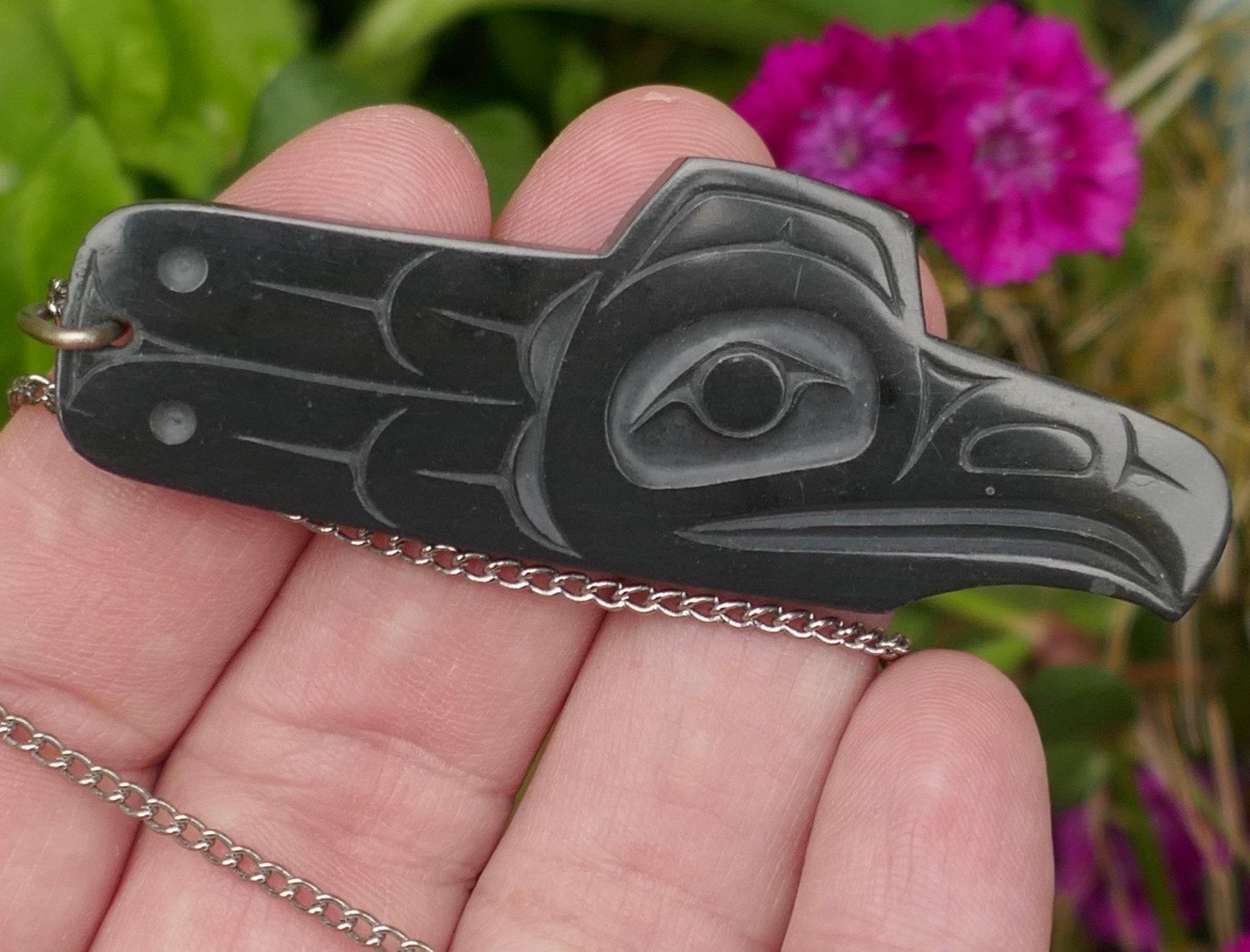 Vintage Haida Native Pat Dixon Hand Carved Argillite Raven Pendant on Chain