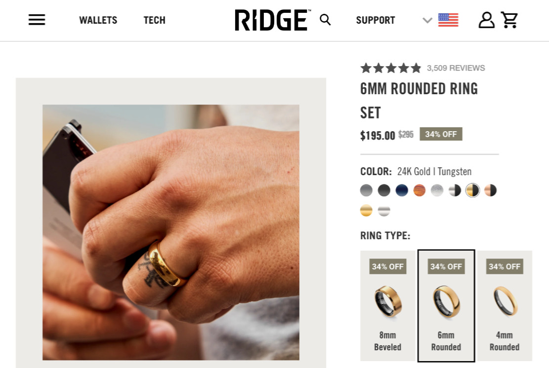 Ridge 6mm Tungsten Ring 24K Gold Rounded Wedding Band Comfort Fit Multiple Sizes