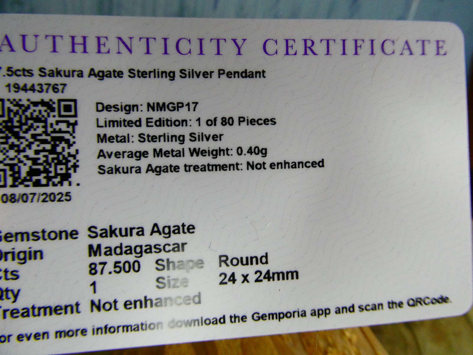 87.5cts Sakura Agate Sterling Silver 26mm Round Pendant Gemporia Info Card Bag