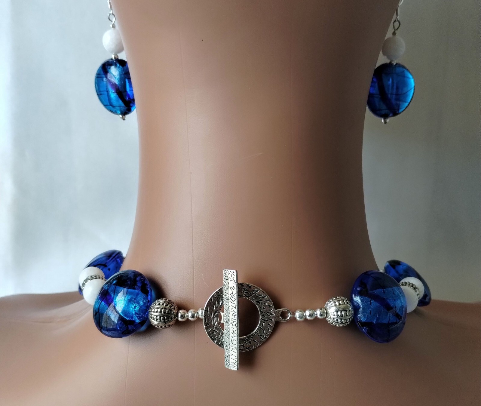 Silver Starfish Statement Necklace Set White Jade Cobalt Blue Glass