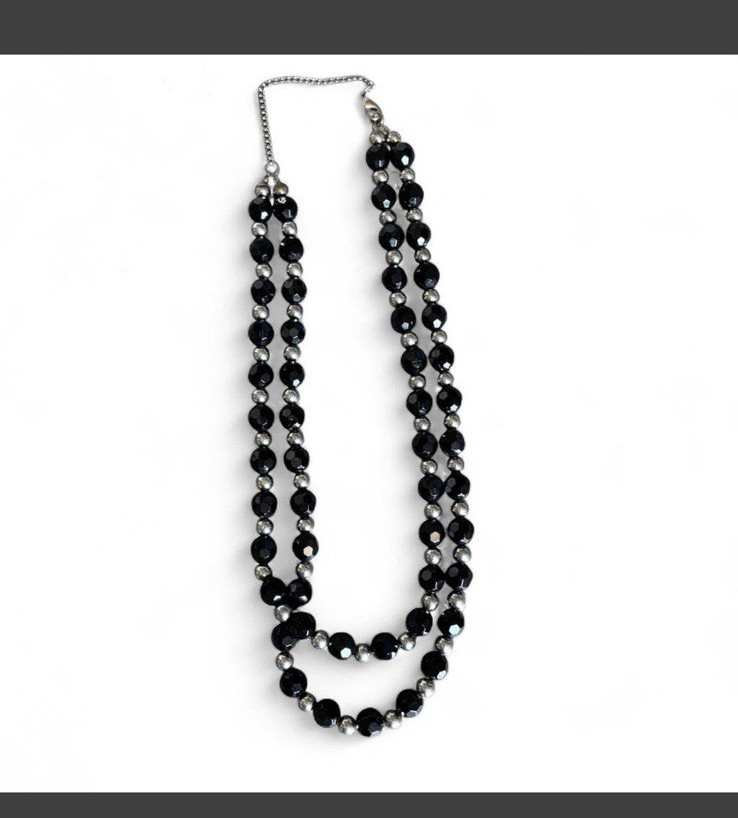 Black & Silver Tone Faceted Round Beaded Double Strand Necklace