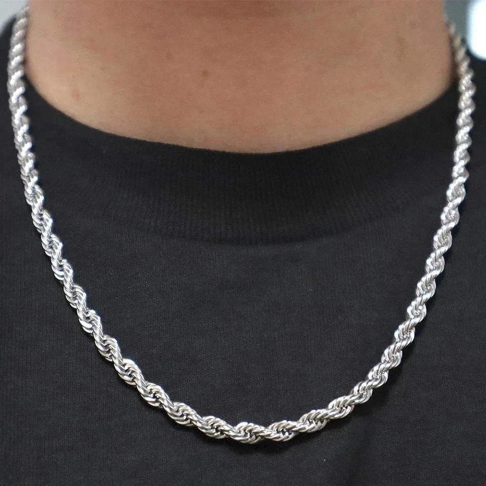 4mm Diamond Cut Solid 925 Sterling Silver Italian Rope Chain Men’s Necklace