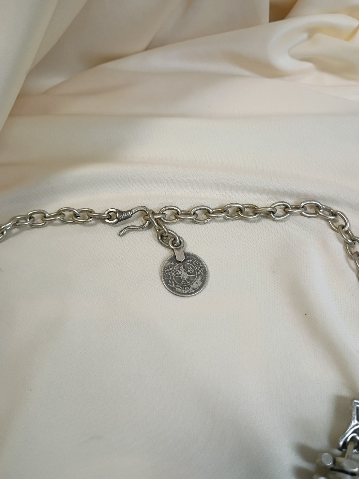 Silver Tone Metal Coin Charm Statement Bib Collar Necklace Cable Chain Hook