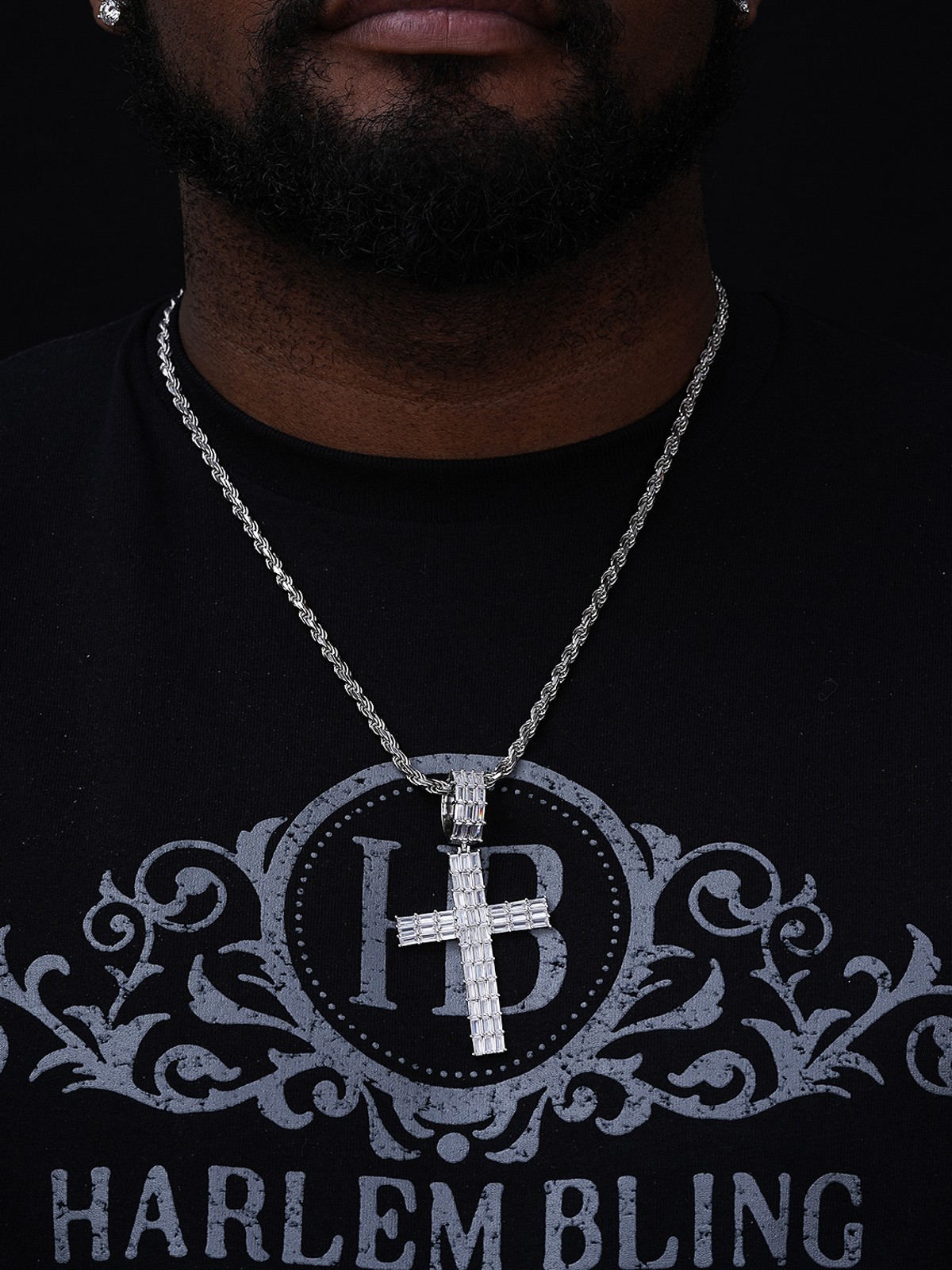 Solid 925 Sterling Silver Cross Pendant Baguette Iced CZ Necklace Hip-Hop