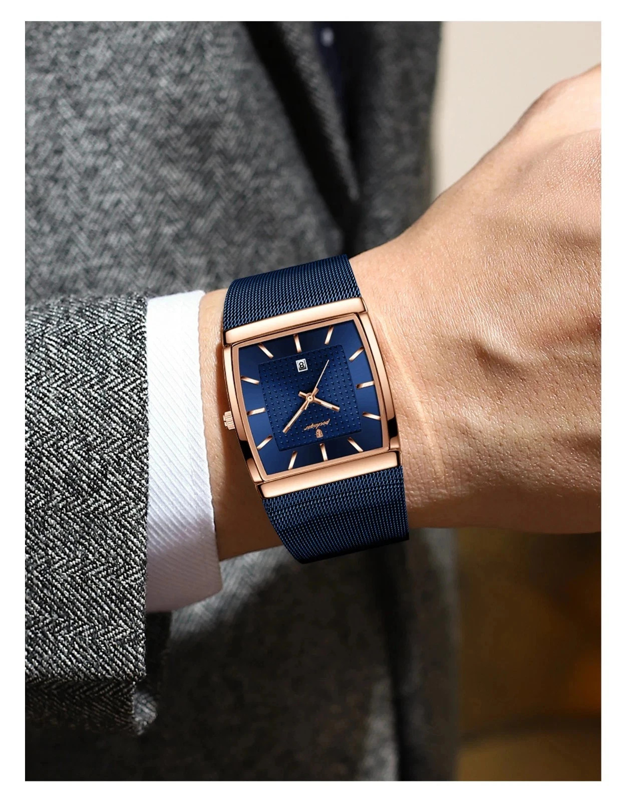 Luxury Men’s Watch Rectangle Steel Mesh Waterproof Luminous Date Quartz