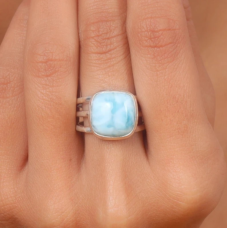 Larimar Ring 925 Sterling Silver Band& Statement Ring Handmade Ring All Size