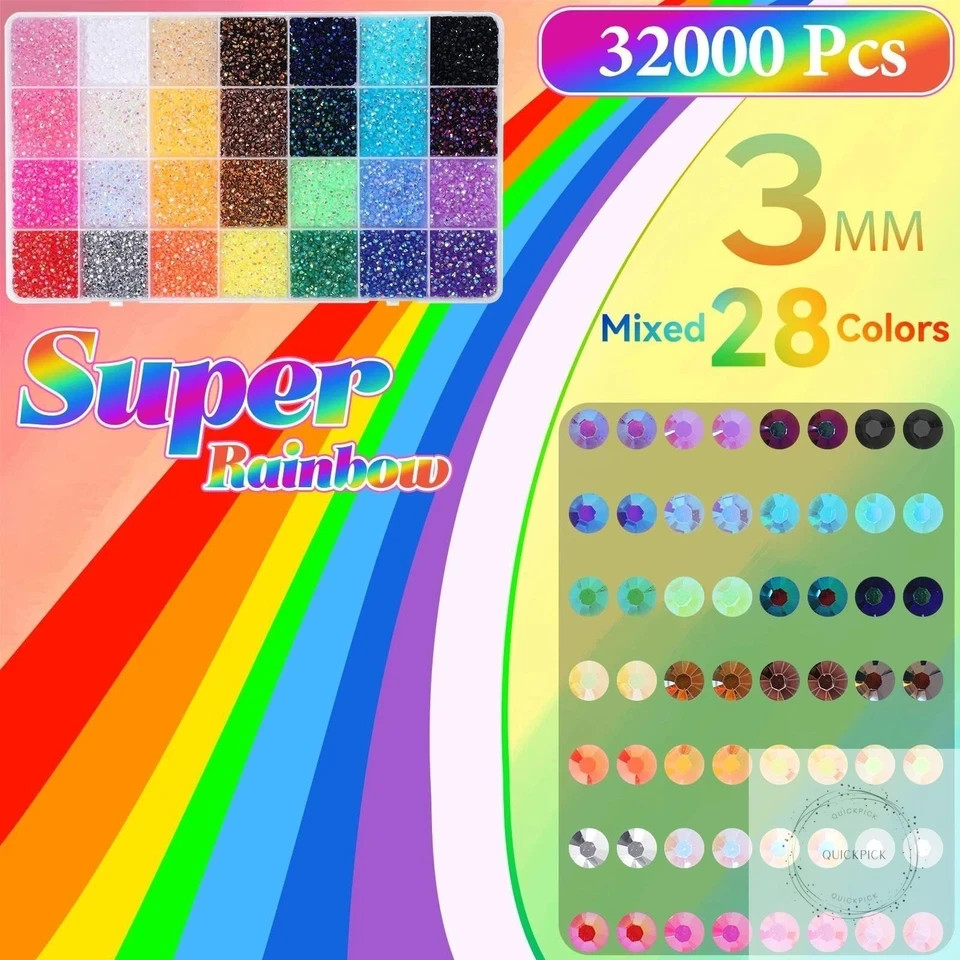 32000Pcs Rhinestones Bedazzling Kit with Tools, 3mm Color Resin Rhinestones for