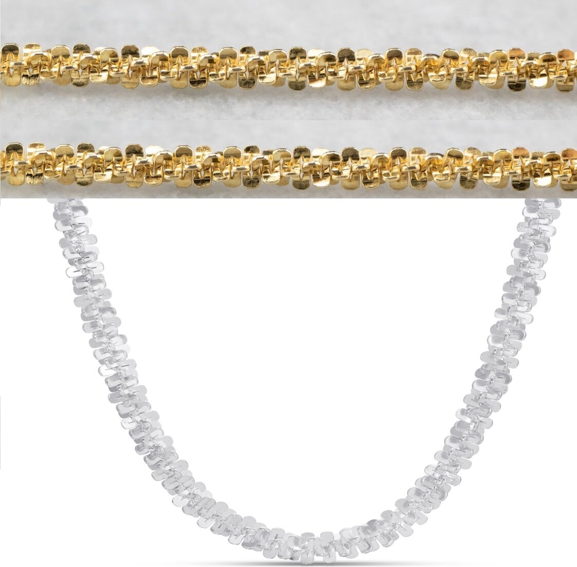 925 Sterling Silver 3mm Twisted Rock Sparkle Chain Silver OR 14k Gold Plated