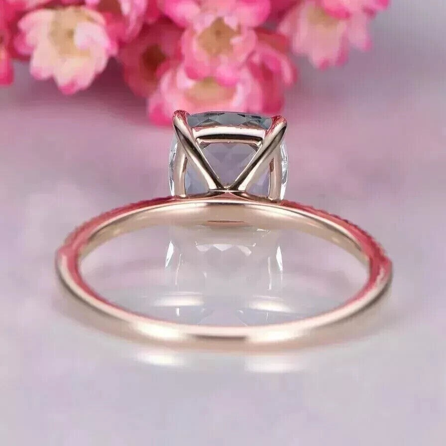 1Ct Cushion Cut Aquamarine Diamond Engagement Ring 14K Rose Gold Plated