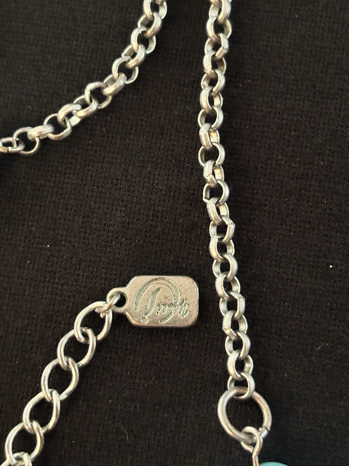 Lia Sophia Signed Silver Tone Turquoise Look Green Stone Long Station Necklace