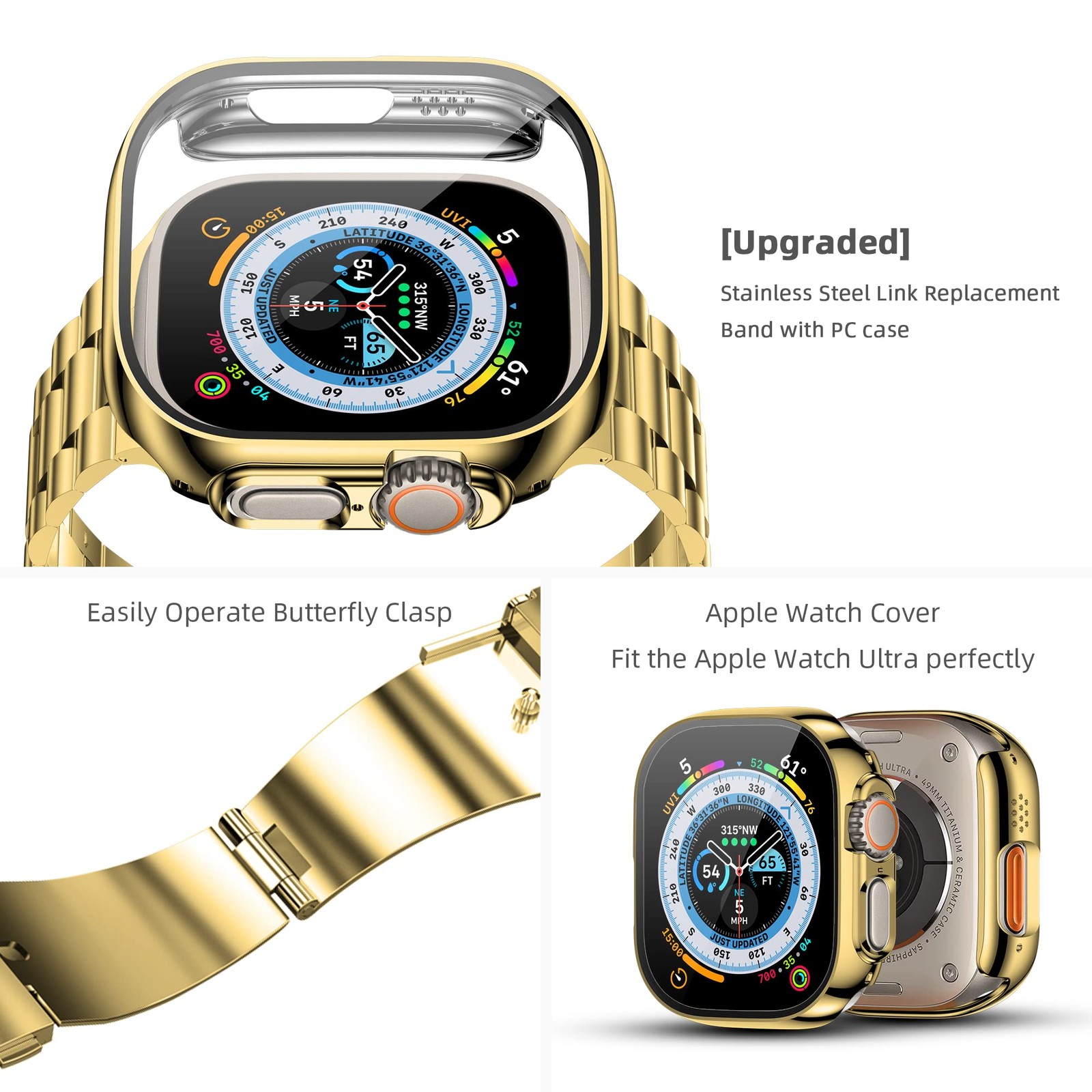 Watch Band 49mm with Case, Stainless Steel & Tempered Glass Protector | Full
