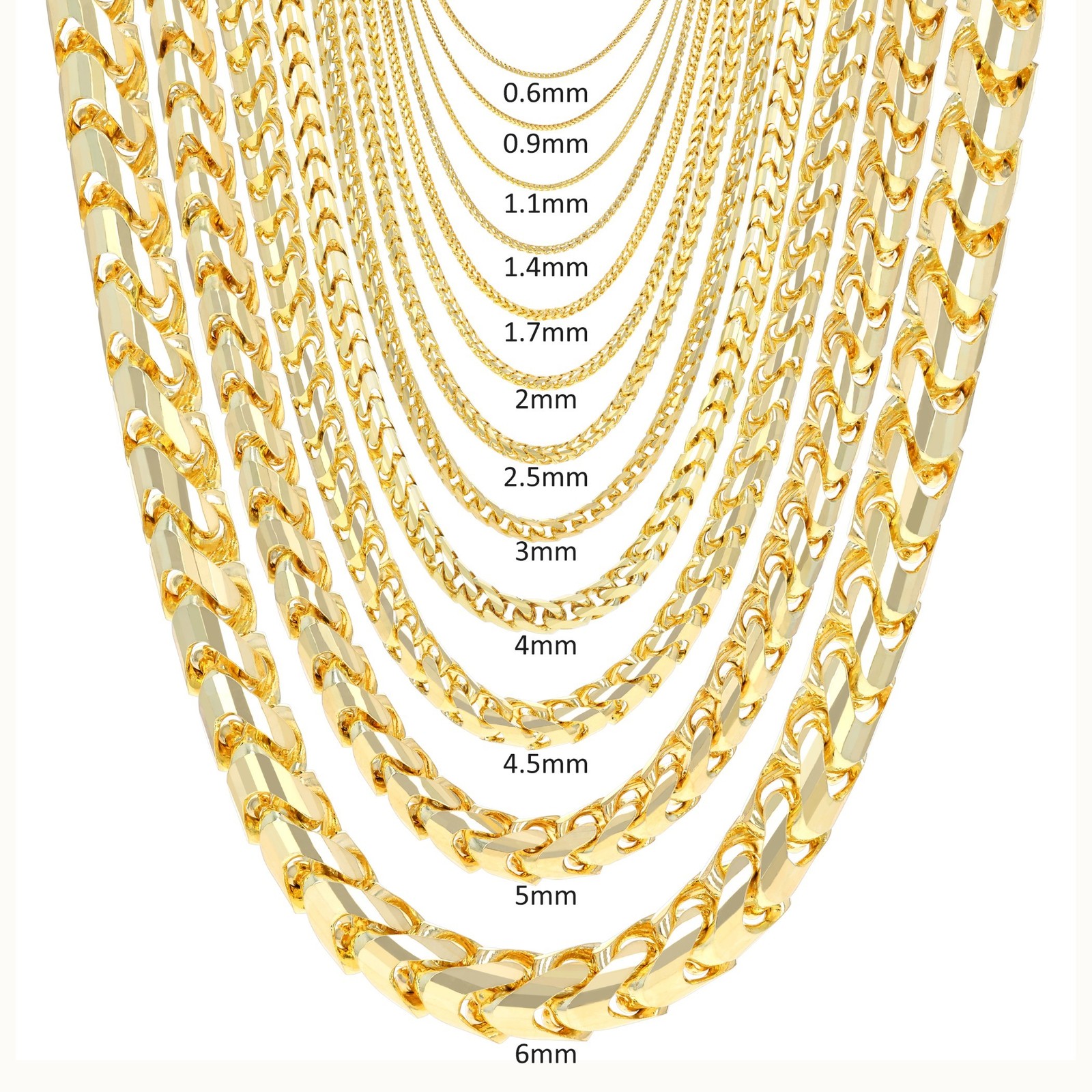 14K Yellow Gold Solid Franco 1mm-6mm Diamond Cut Chain Necklace Bracelet 7″-30″