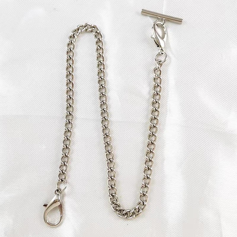 Silver Pocket Watch Chain with T-Bar, 14 Inch Pocket Watch Chains for Men, Silve