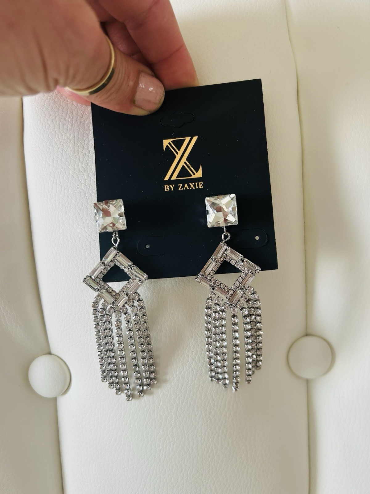 By Zaxie Silver Tone Rhinestone Fringe Dangle Earrings Geometric Statement