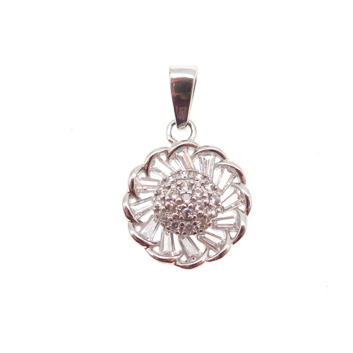925 Sterling Silver Round & Tapered Baguette-Cut C Z Flower Mini Charm Pendant
