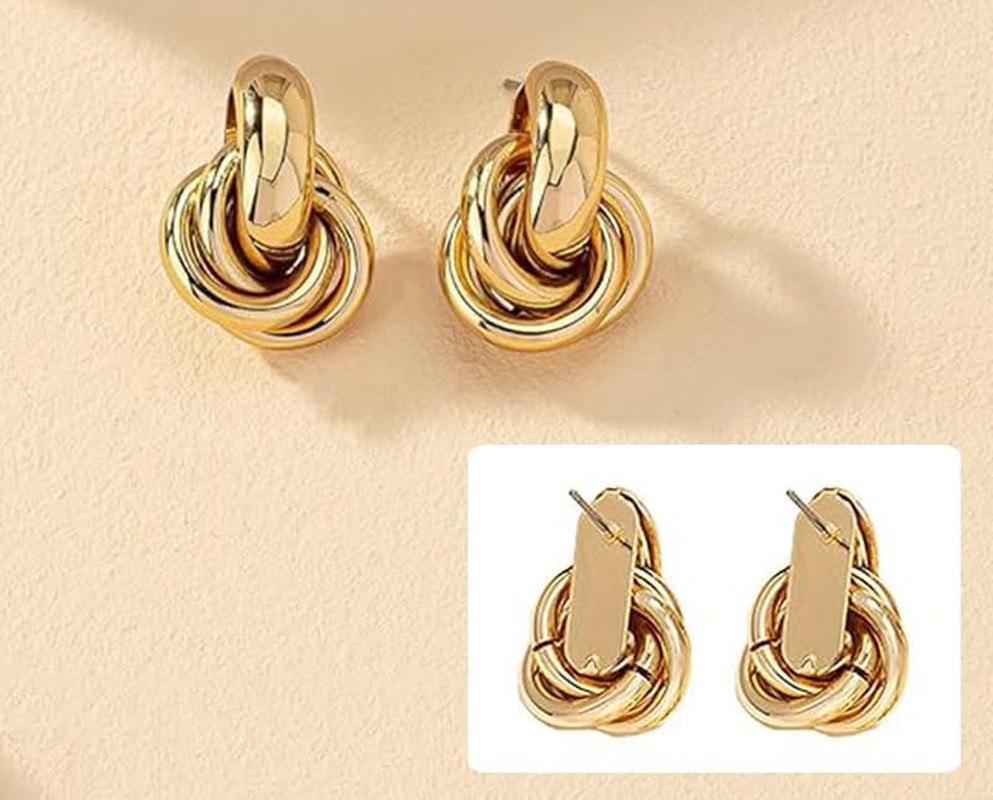 2 Pairs Gold Knot Earrings Chunky Statement Earrings Geometric Drop Dangle Earri