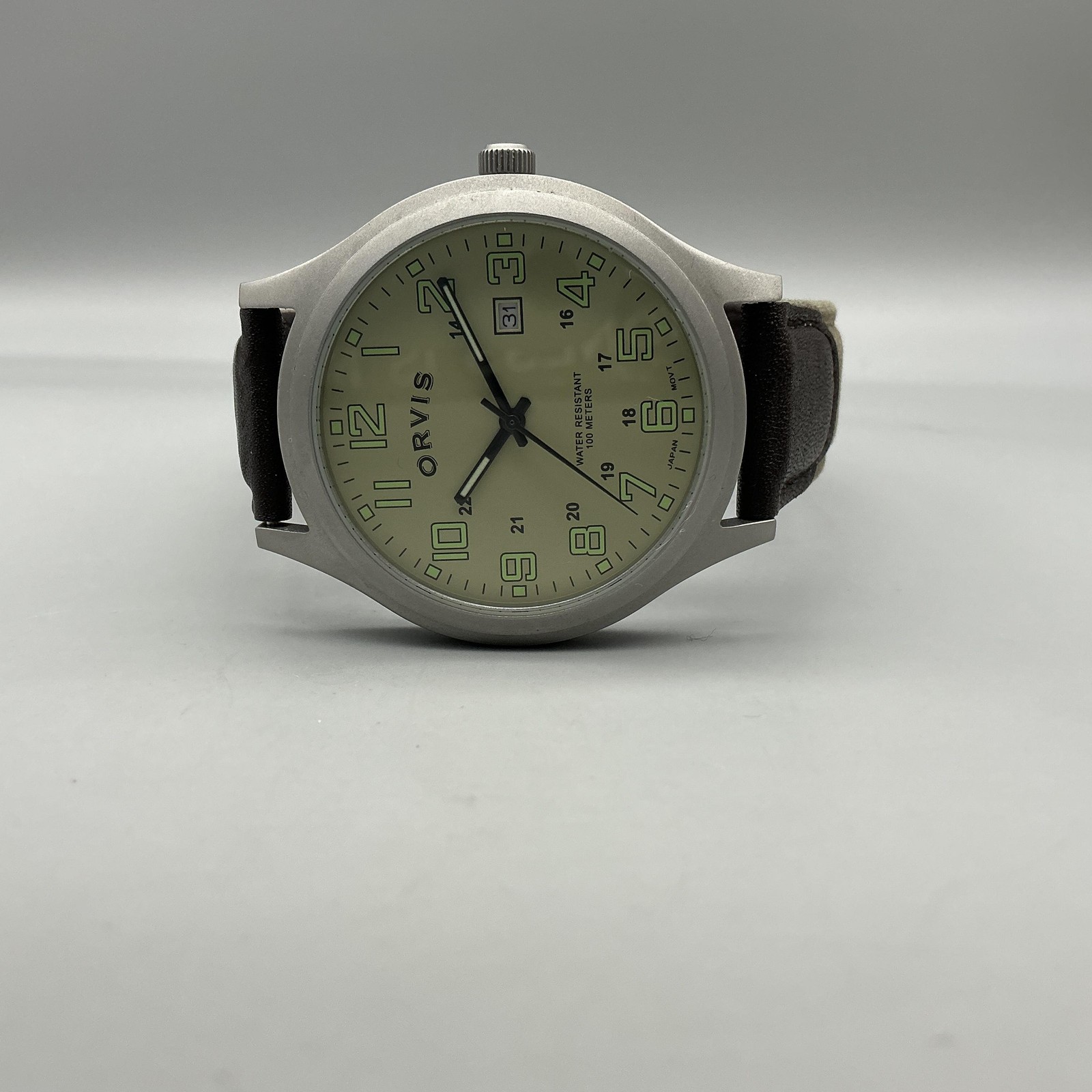 Orvis M364 Mens Watch 42mm Cream Dial Brown Green Canvas Leather Date Quartz