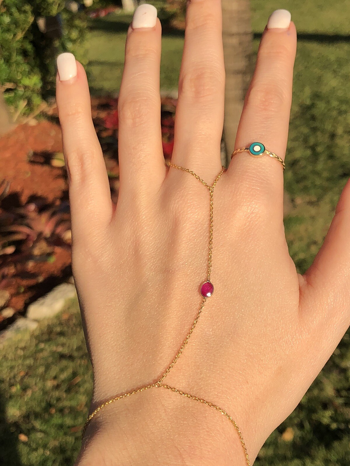 Stunning Oval Natural Ruby 14K Yellow Gold Hand Chain Slave Combo Ring Bracelet