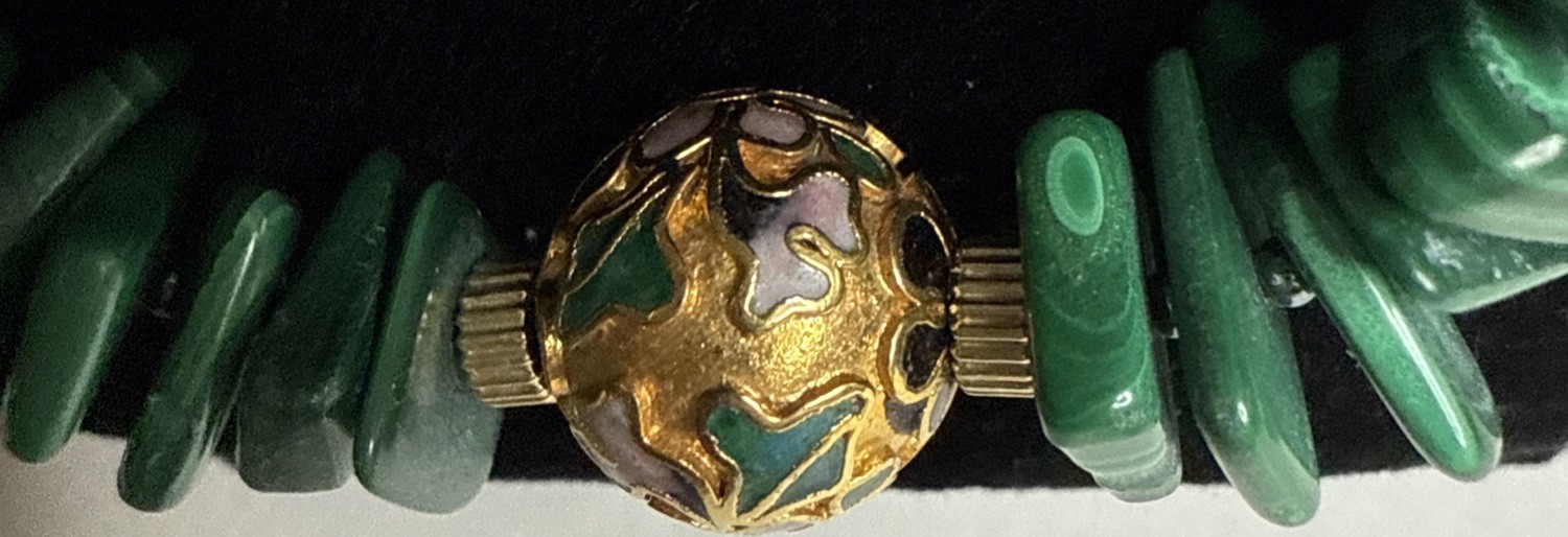 Vtg Malachite Necklace 1/20 14k GF Clasp With Cloisonné Beads, 30”