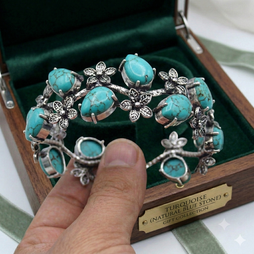 Turquoise Gemstone Handmade 925 Sterling Silver Jewelry Cuff Bracelet ADJ 8″