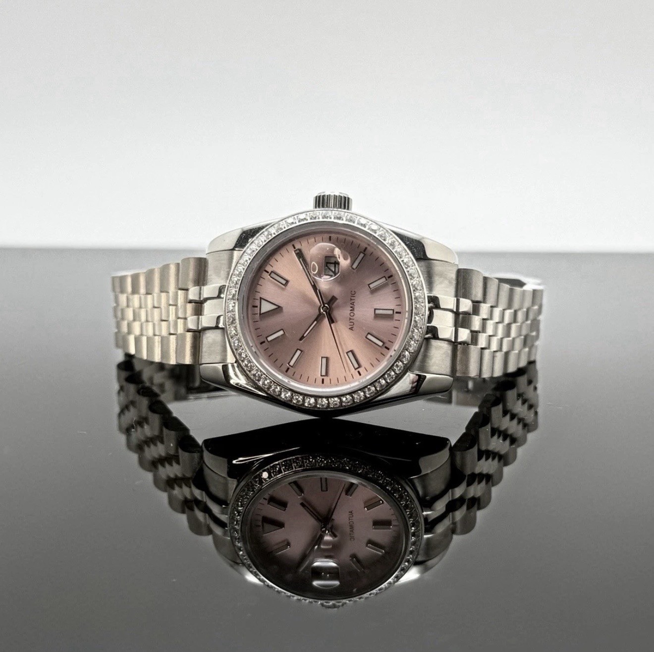 Custom 31mm “Lady DJ” Pink Dial CZ Diamonds Mod Watch w/ NH05 Automatic