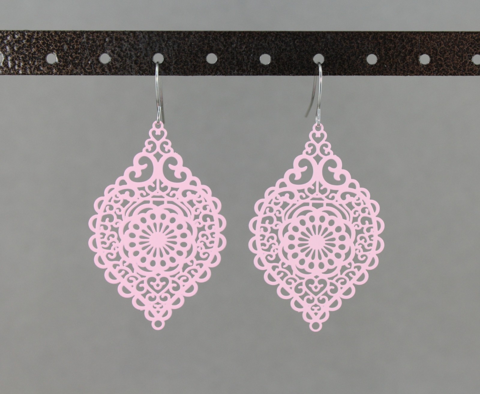 light Pink earrings teardrop dangle VERY lightweight filigree 2 3/8″ long floral