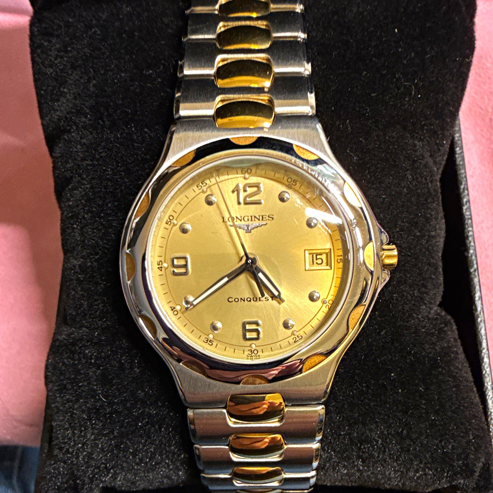 Longines Conquest Men’s Quartz Watch 35mm Two-Tone SS Gold Dial Date