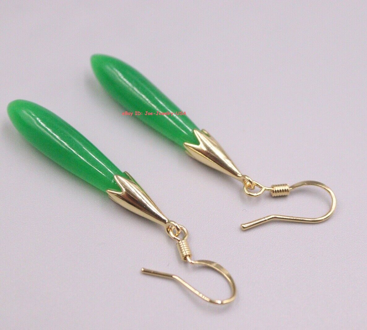New Gold Plated Heated Green Jade Long Charm Dangle Earrings 2.04inch L