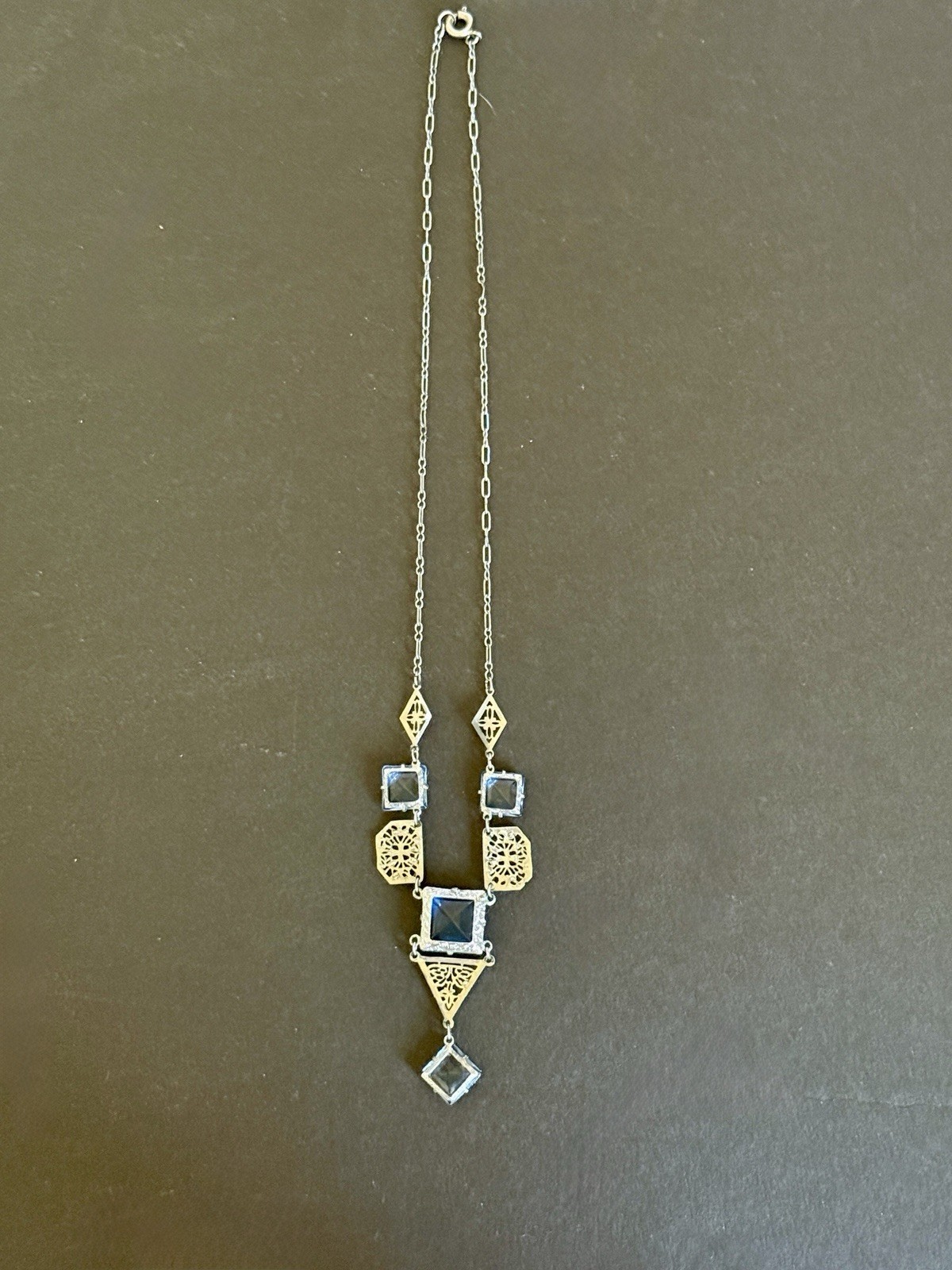 Art Deco 1920’s Filigree Flapper Necklace w/ Square Cut Blue Glass