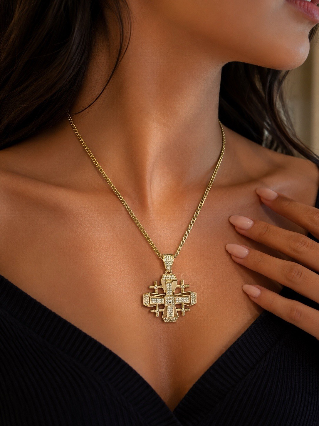 Yellow Gold Plated Curb Chain Cross Charm Necklace Clear Rhinestone Pavé