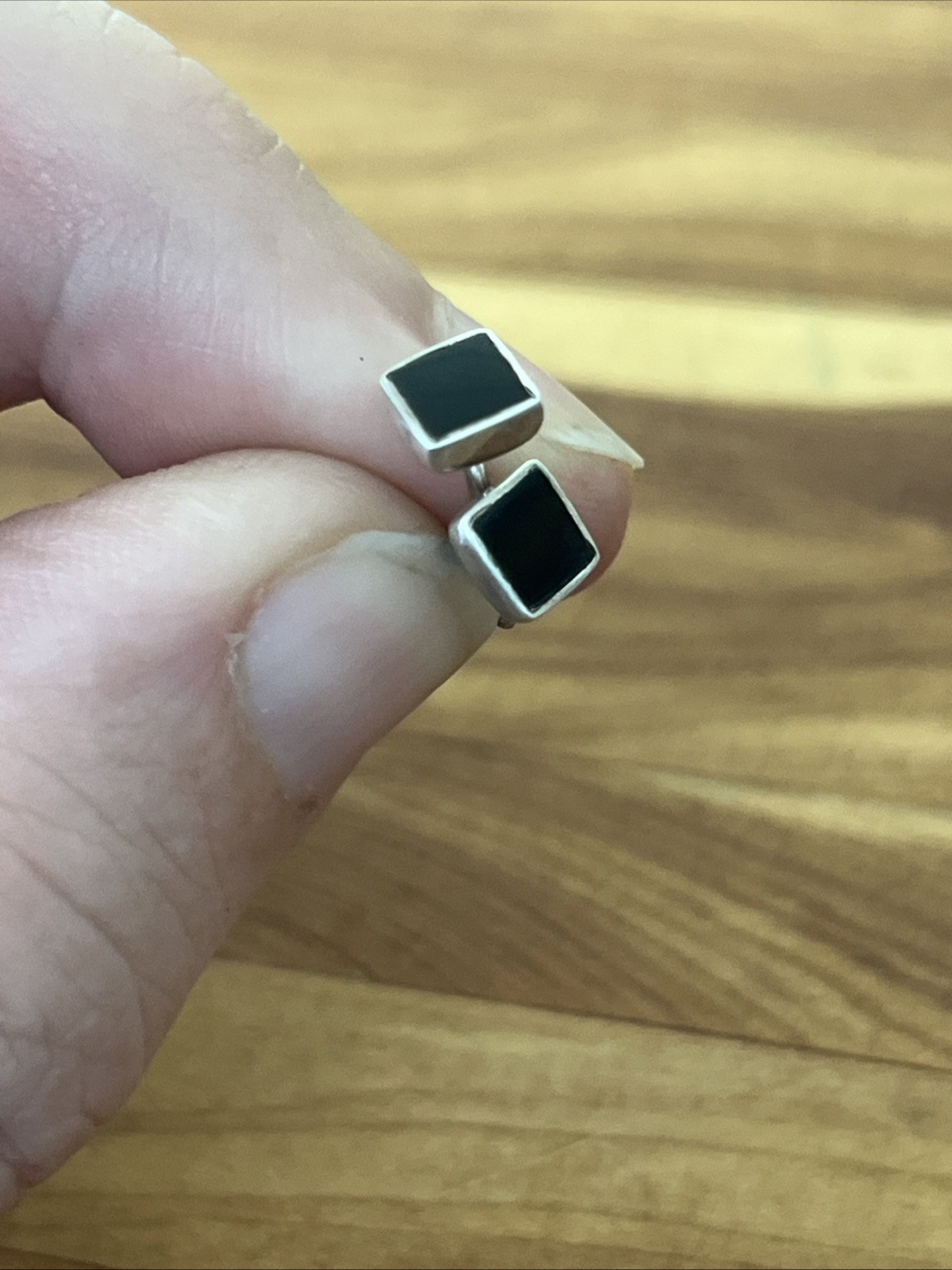 Vintage Modernist 925 Sterling Silver Onyx Stud Tiny Minimal Black Earrings